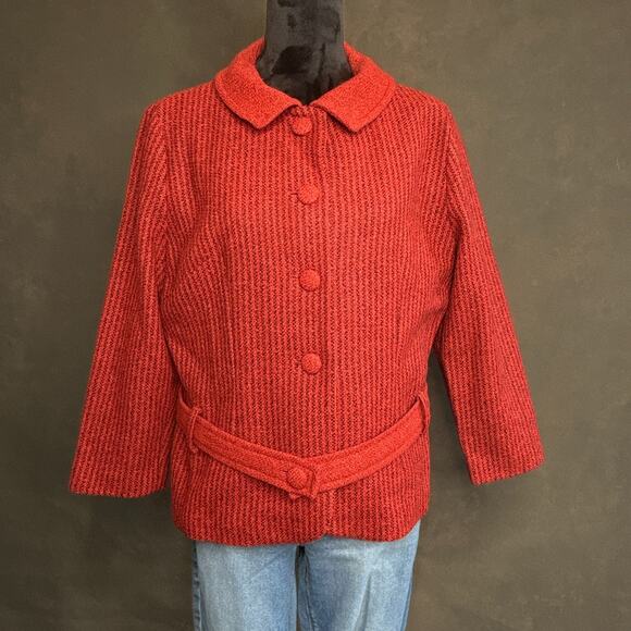Vintage 1960s Reldan Coat Red Textured Belted Jacket Made in England 100% Wool - Picture 1 of 8